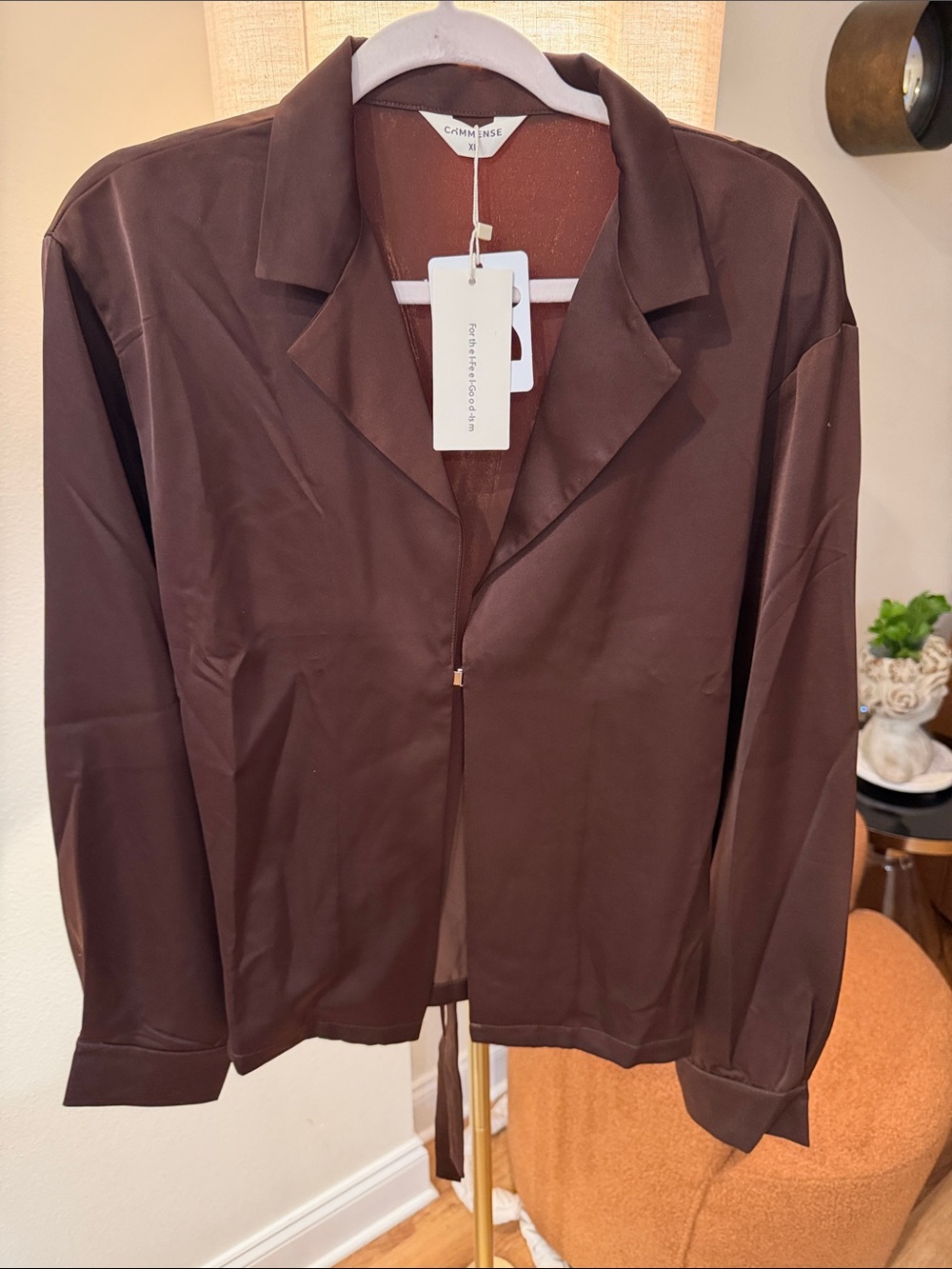 Commense Brown satin Open-Front Notched Collar Jacket xl